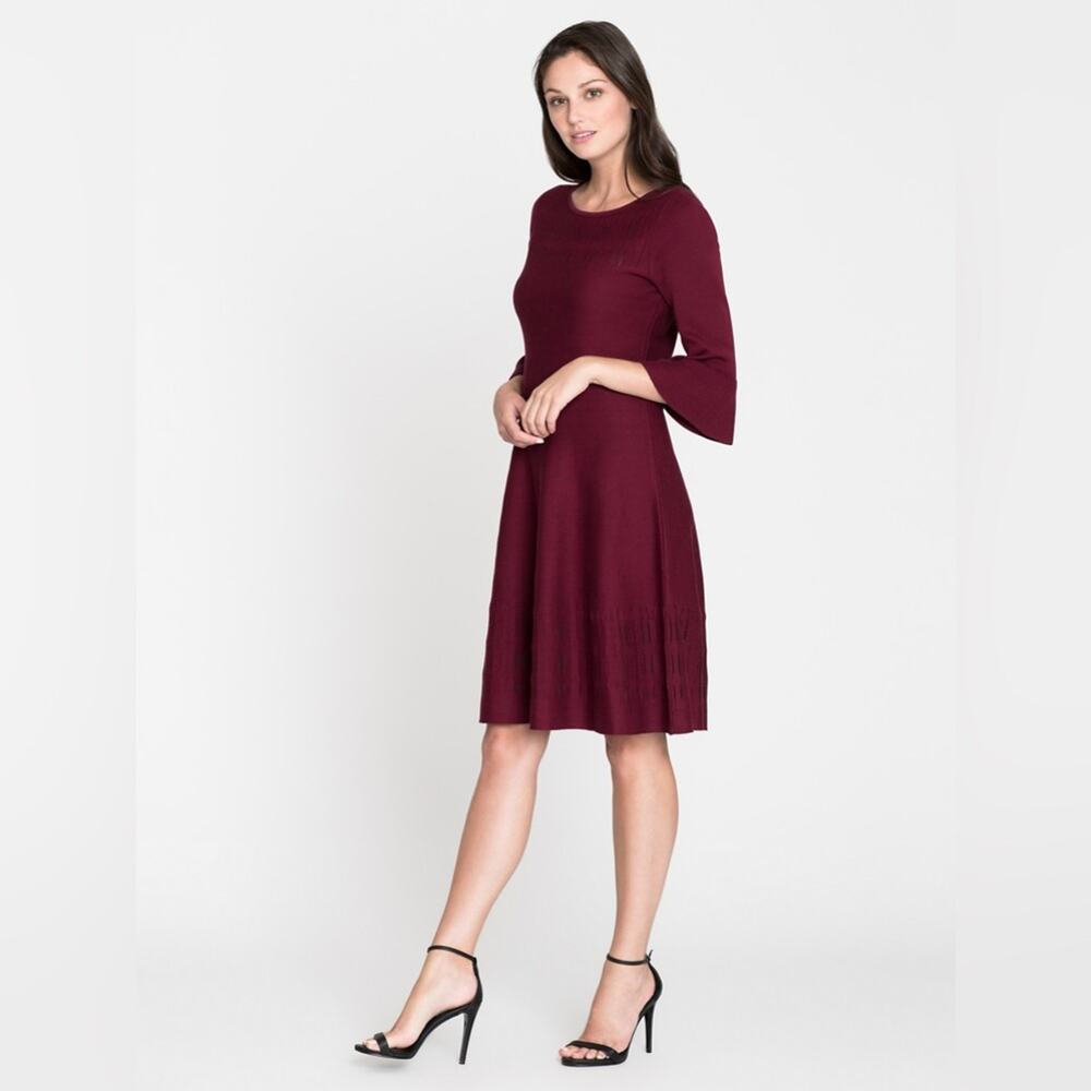 NIC + ZOE Burgundy Illusion Twirl Midi Knit Sweater Dress Size L Large